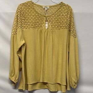 NWT Umgee USA Mustard Crochet Lace Yoke Top Women's Plus Size 1X